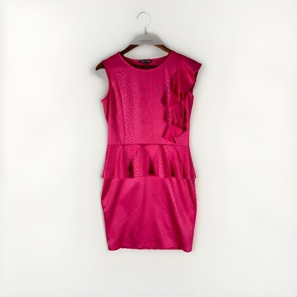 Samuel Dong Pink Crocodile Print Peplum Ruffle Dress‎ Small Sleeveless Sheath - Picture 1 of 12
